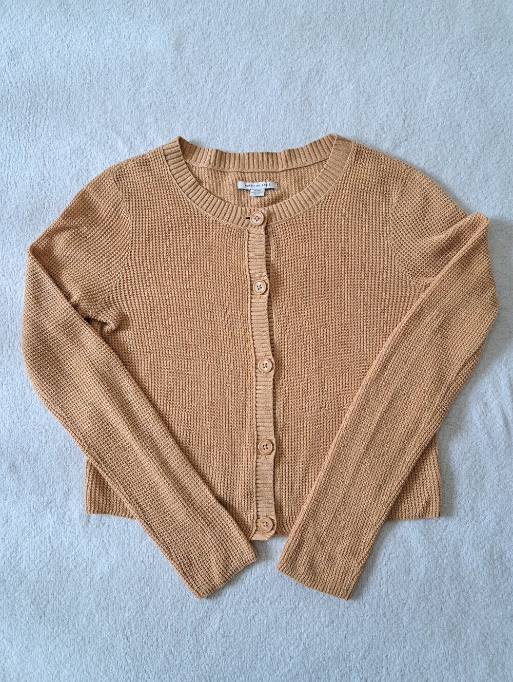 American Eagle Waffle Knit Cardigan Sweater Medium Cotton Blend Camel Light